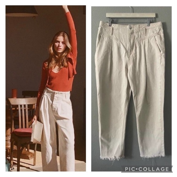 Free People‎ Pleated Carrot Jeans In Cream Cotton Ecru High Waisted Raw Hem 25 - Picture 1 of 13